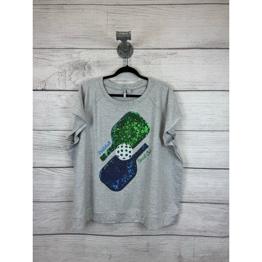 Cato Plus Size Gray Pickleball Sequin Graphic Cut Off Top Size 22/24W